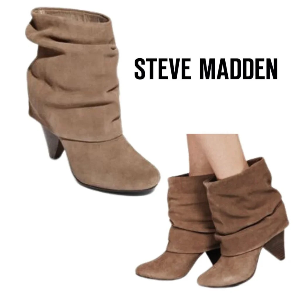 Steve Madden, Carlsen, Slouch Cuffed Suede Ankle Bootie, Brown, Tan‎